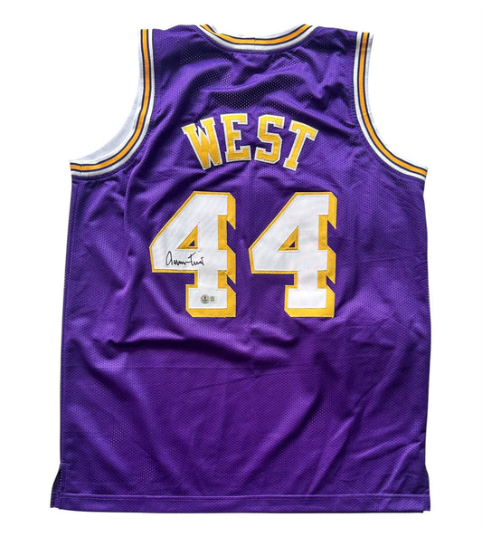 Jerry West Playera LA Basquet autografiada, firma certificada por la compañía Beckett con el número BN56093