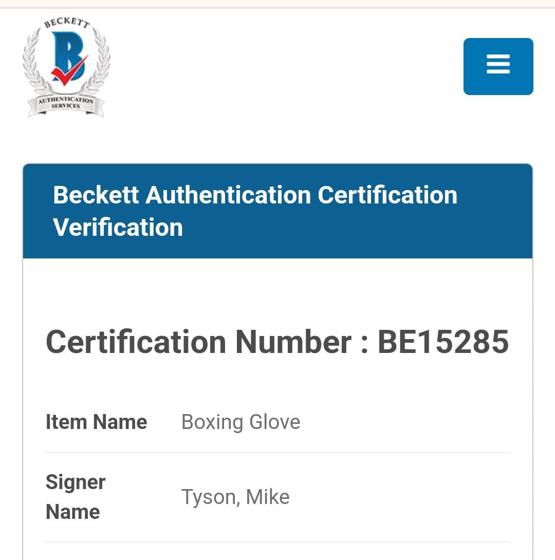 Guante autografiado por Mike Tyson, firma certificada por la compañía Beckett con el número BE15285.