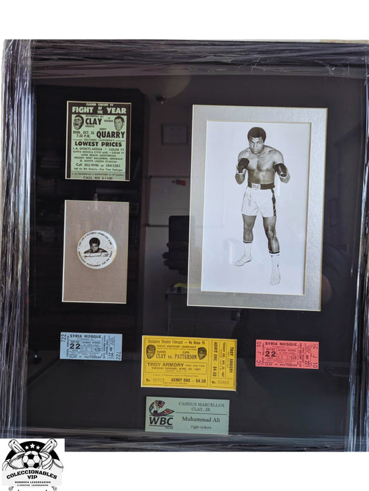 Muhammad Ali cuadro con Volante, boletos auténticos de sus peleas, pin de promoción y fotografía auténtica de los 70 s