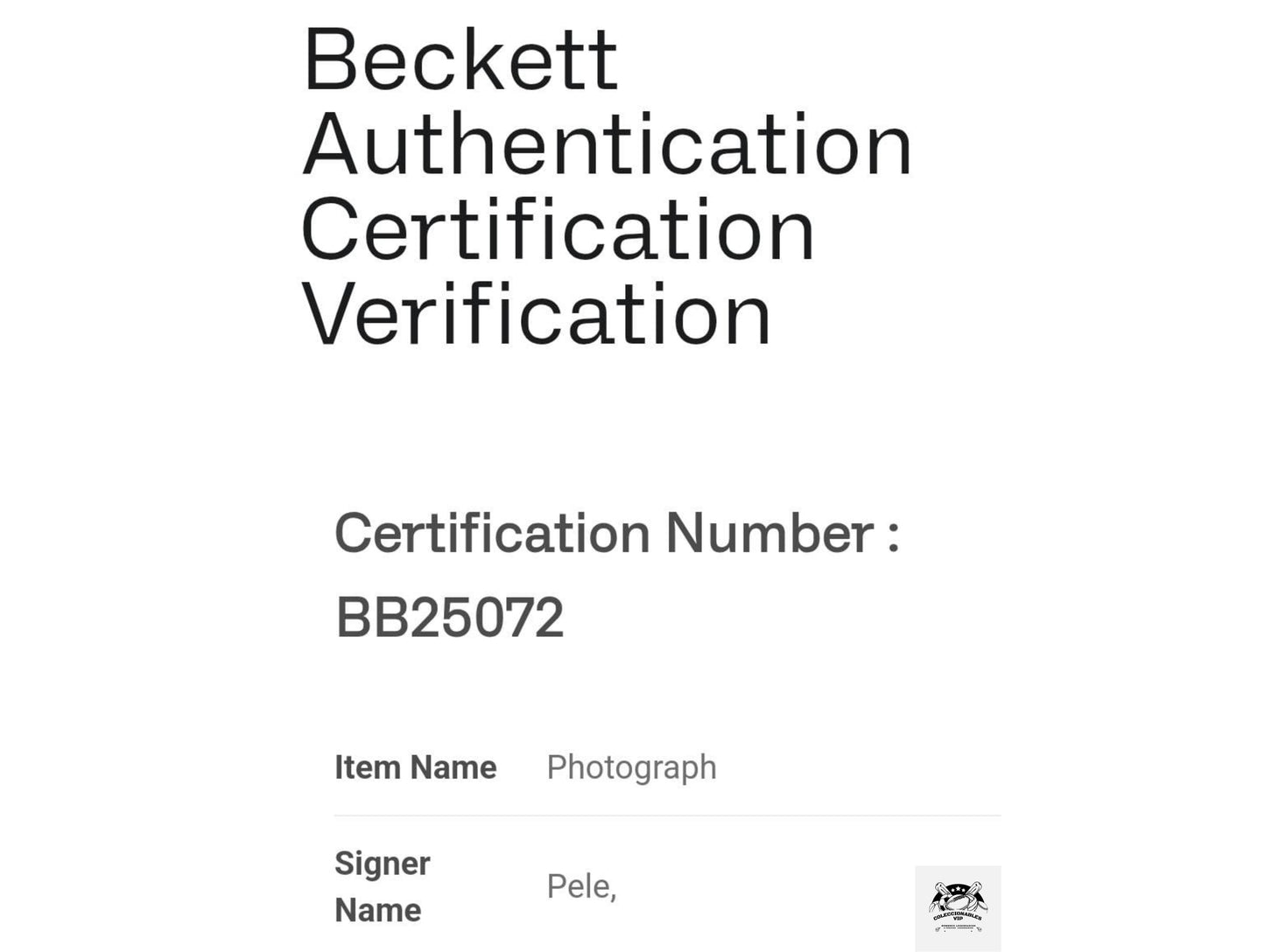 Pele de Cabecita Fotografía Brasil autografiada firma certificada por Beckett BB25072