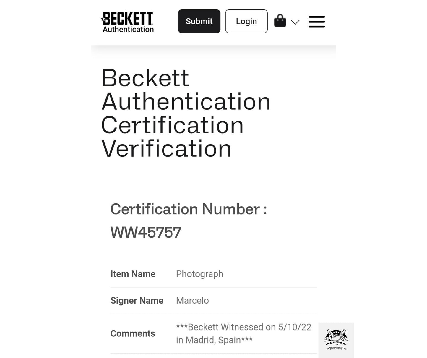 Marcelo Vieira Barcelona foto autografiada firma certificada por Beckett WW45757