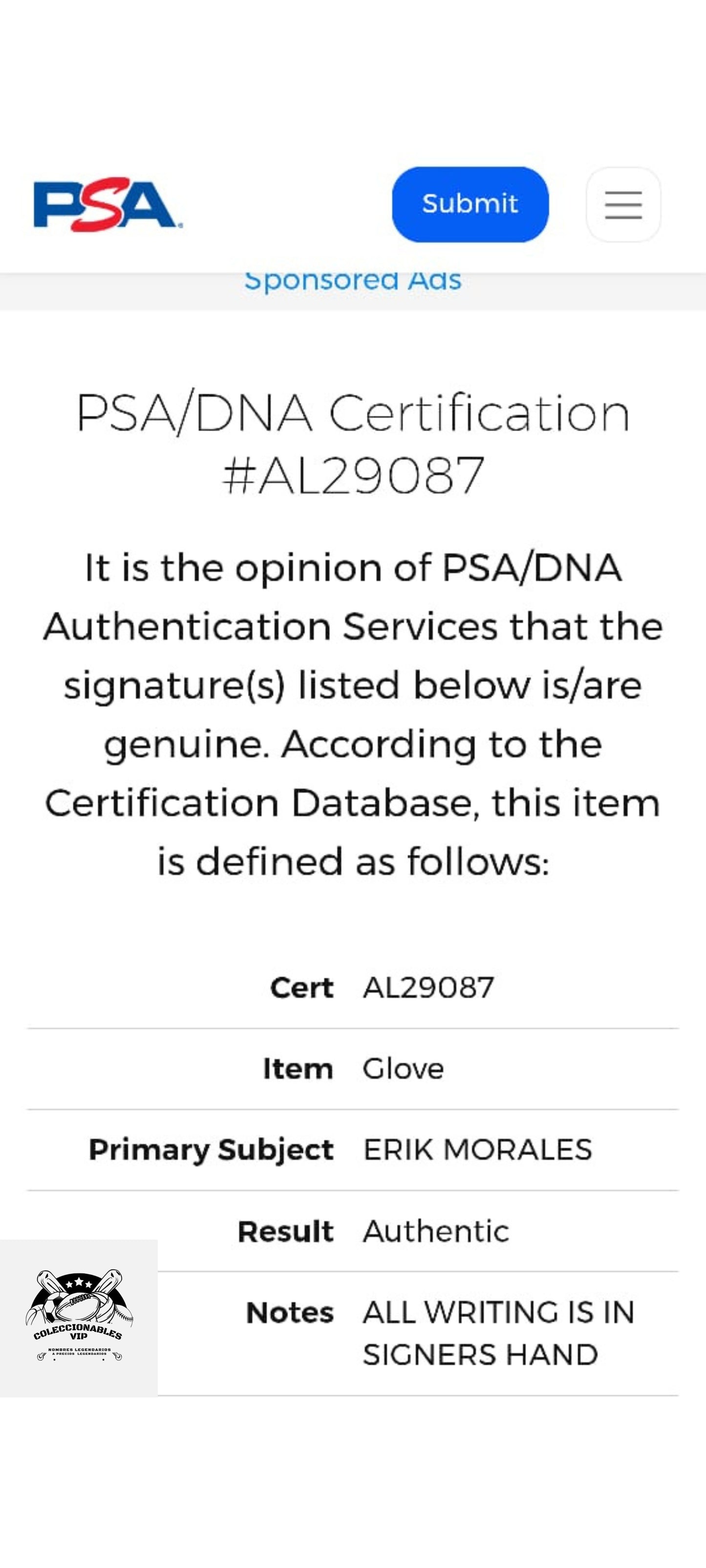 Erik “El Terrible” Morales guante autografiado certificado por PSA AL29087