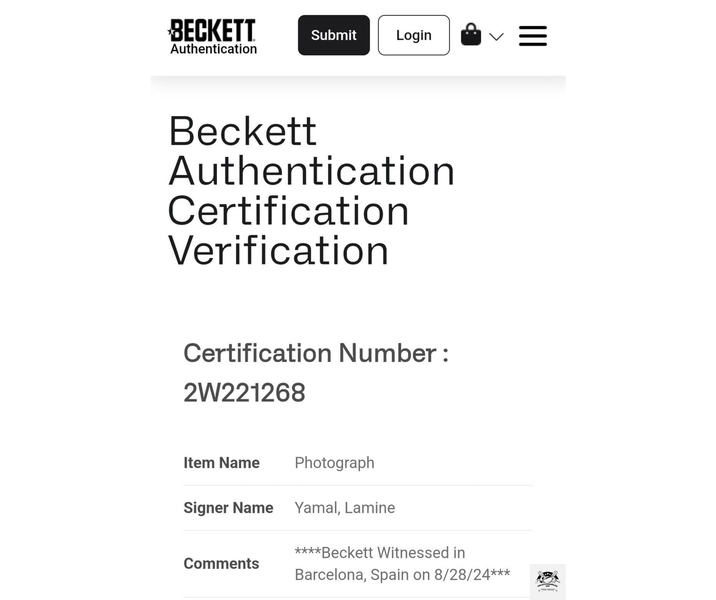 Lamine Yamal Copa de España fotografía autografiada firma certificada por Beckett 2W221268 con tarjeta Enmarcada