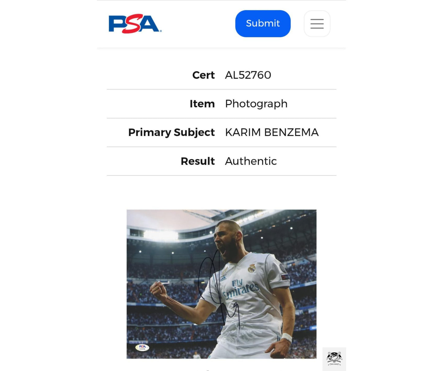 Karim Benzema Real Madrid uniforme blanco fotografía autografiada certificada por PSA AL52760