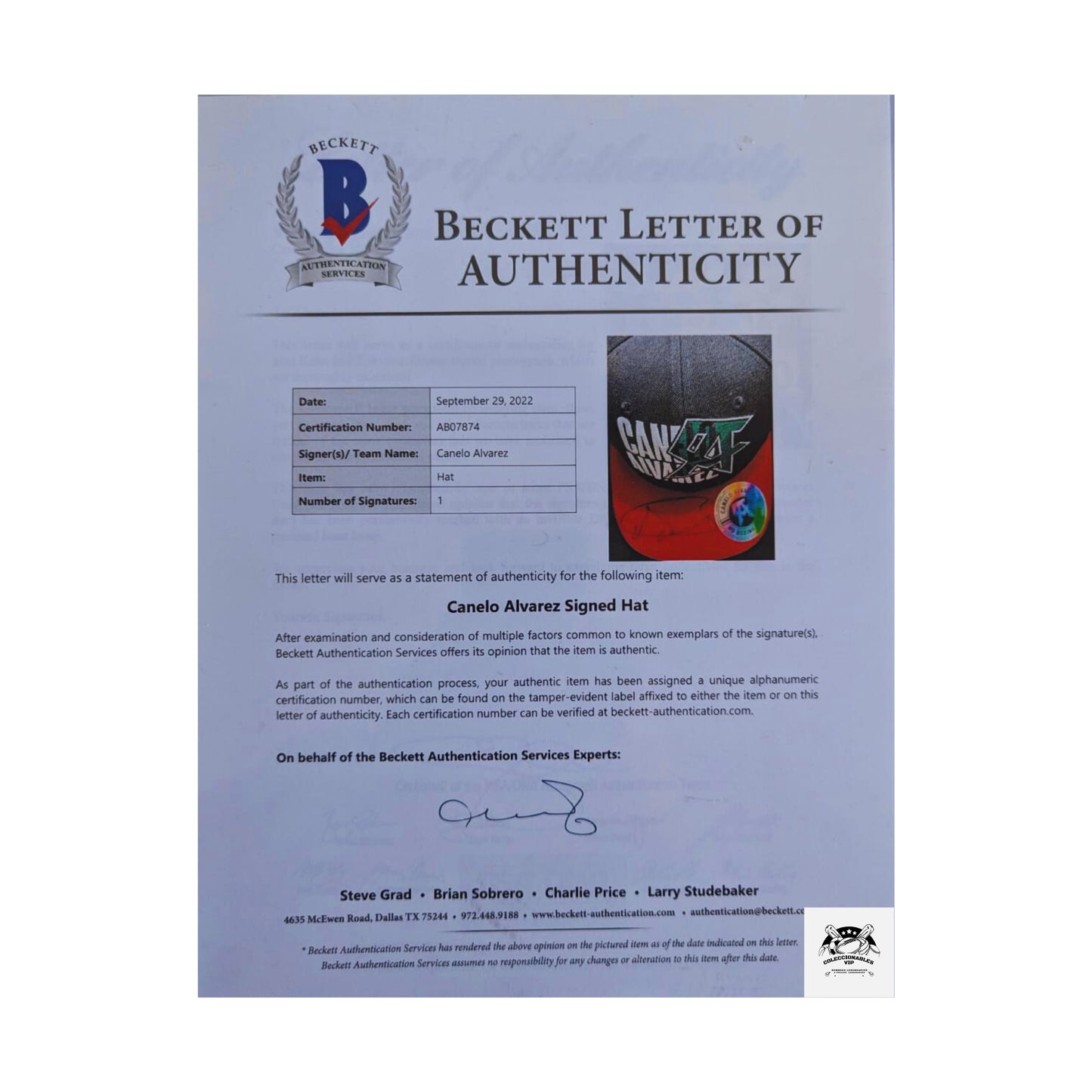 Saúl “Canelo” Álvarez Gorra autografiada firma certificada por Beckett AB07874