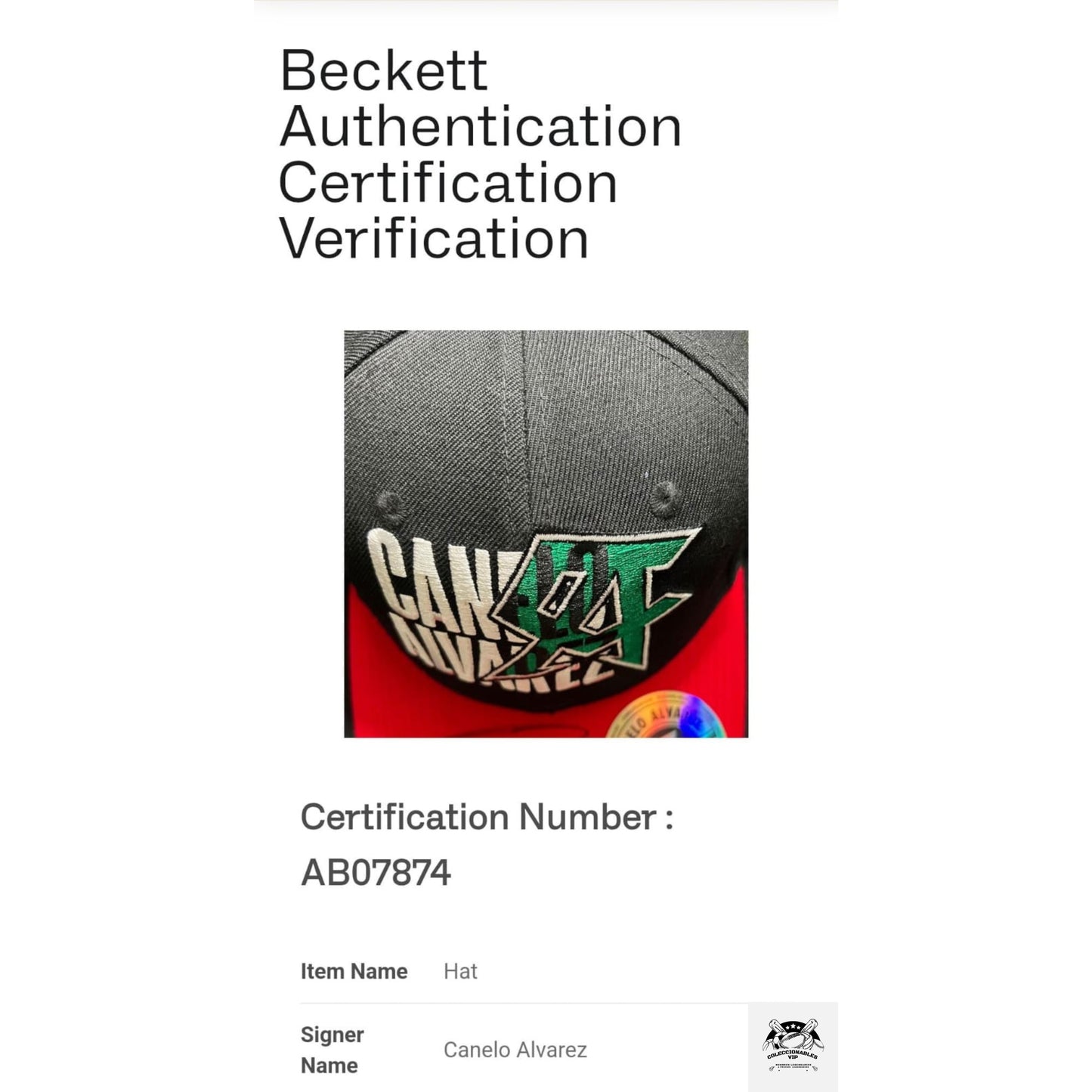 Saúl “Canelo” Álvarez Gorra autografiada firma certificada por Beckett AB07874