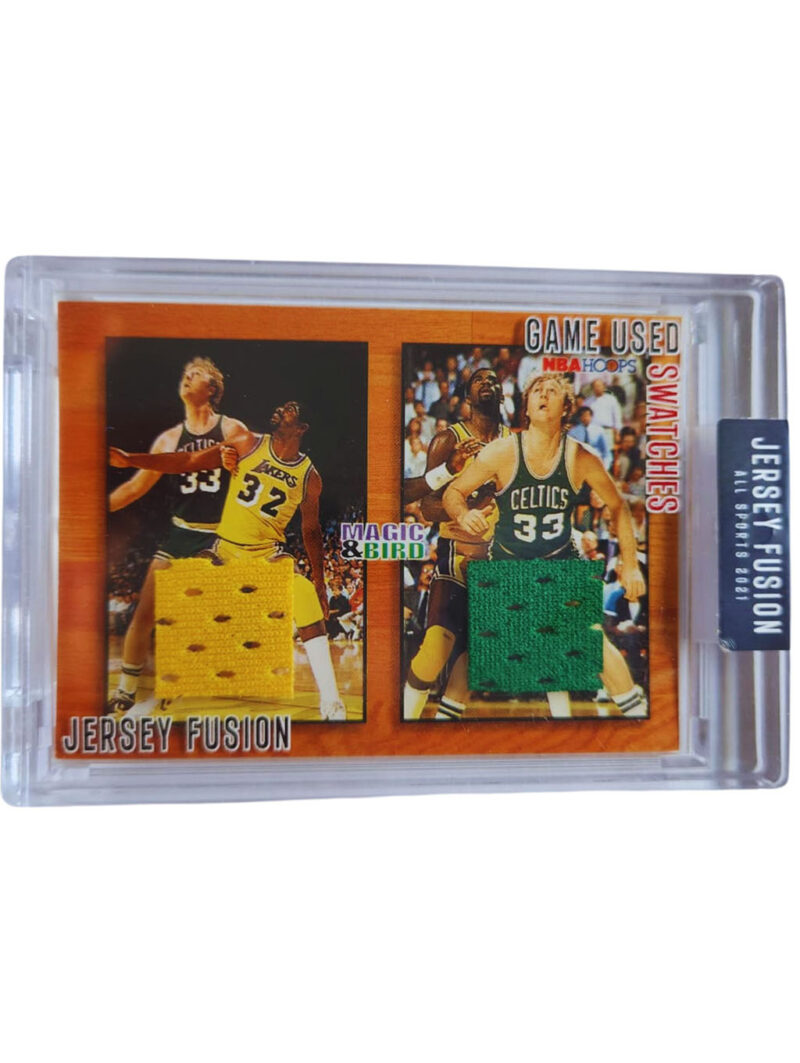 Magic Johnson & Larry Bird TARJETA Lakers, Celtics Jersey Fusión Parches utilizados en juego Magic Johnson & Larry Bird