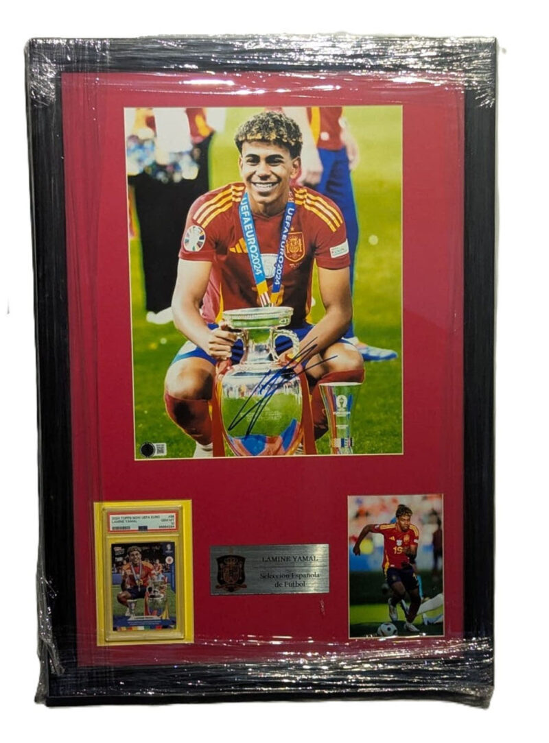 Lamine Yamal Copa de España fotografía autografiada firma certificada por Beckett 2W221268 con tarjeta Enmarcada