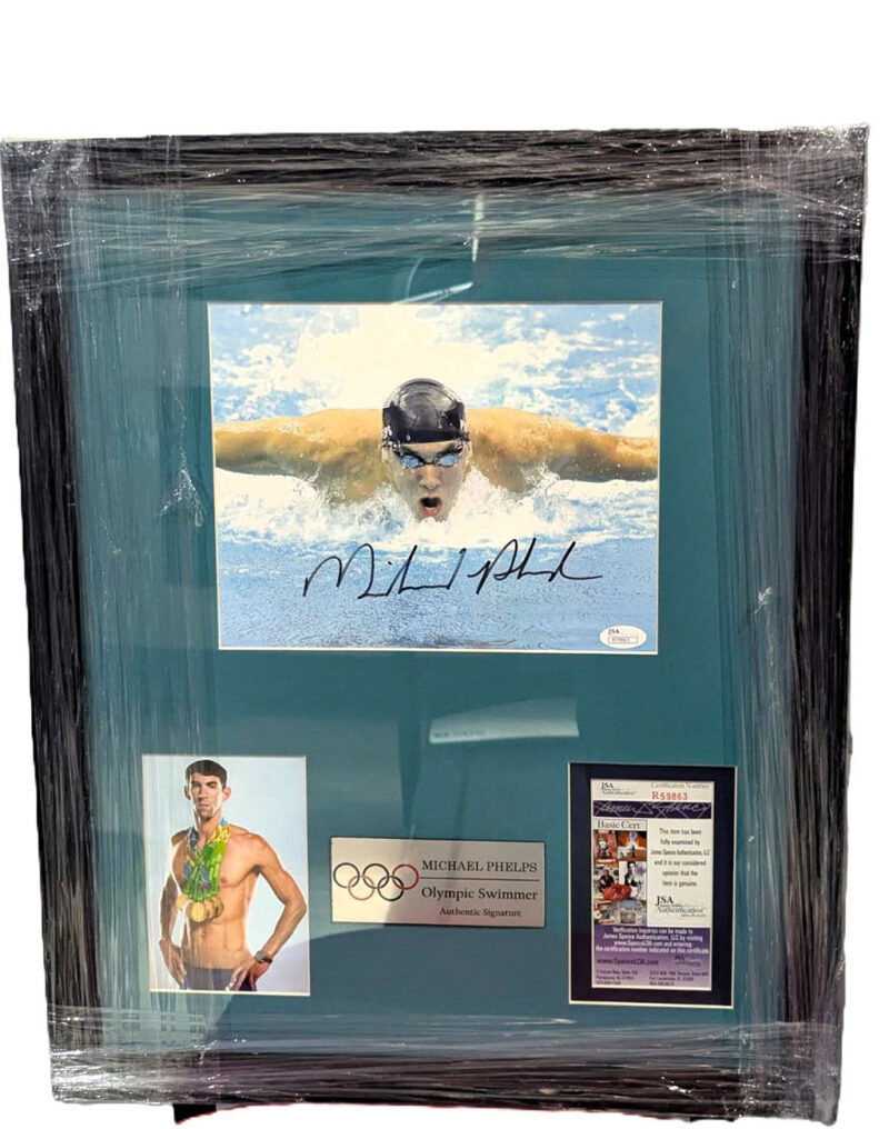 Michael Phelps Fotografía Autografiada Enmarcada firma certificada por JSA R59863.