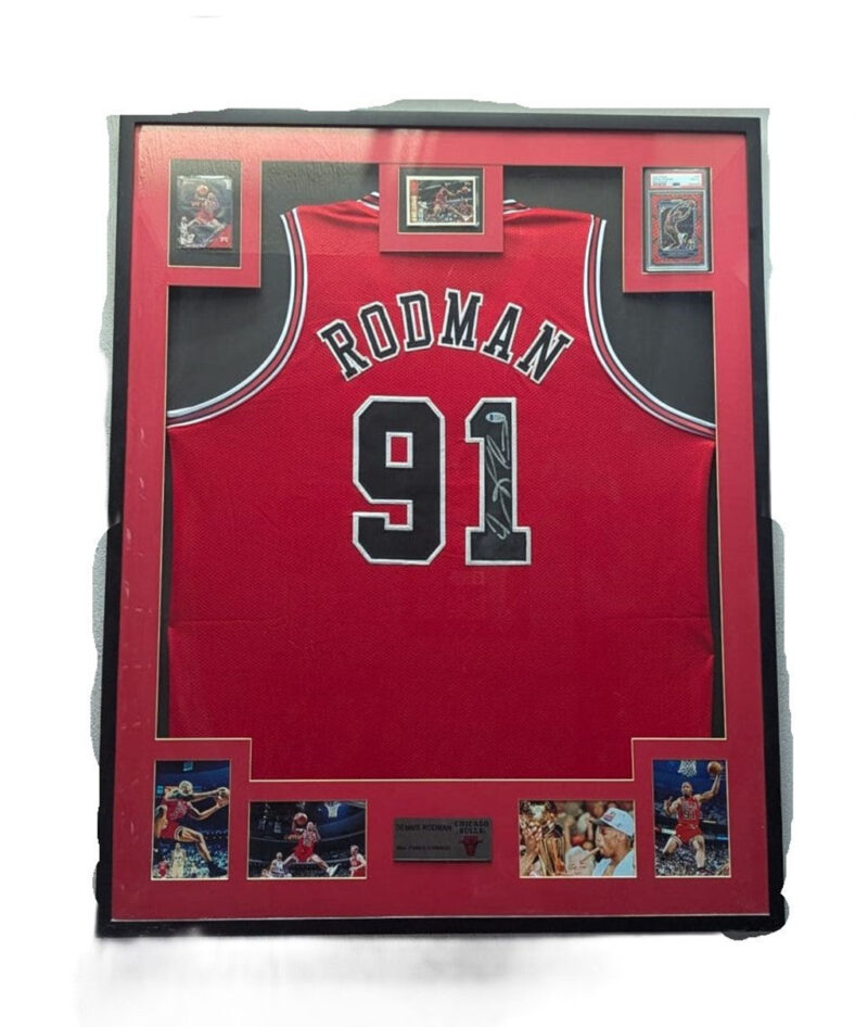 Dennis Rodman Playera autografiada autenticada por Beckett V33270 con tarjeta Enmarcada