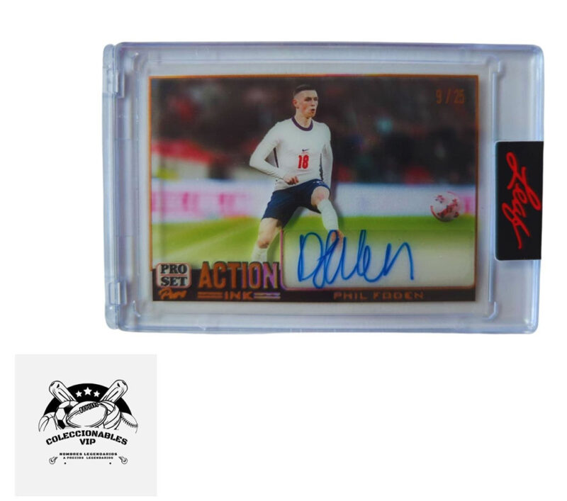 Phil Foden Tarjeta 9/25 Leaf Action Ink  en el frente encontrarás autógrafo.