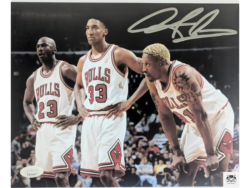 Dennis Rodman Chicago Bulls fotografía autografiada tridente certificado JSA WB239403