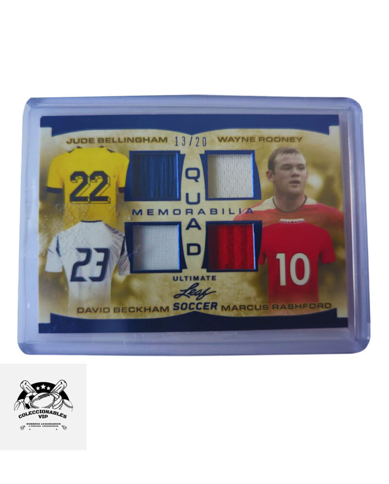 Jude Bellingham y Wayne Rooney Tarjeta UQM-3 Leaf  en el frente de la tarjeta encontrarás pieza de playera utilizada durante el juego.