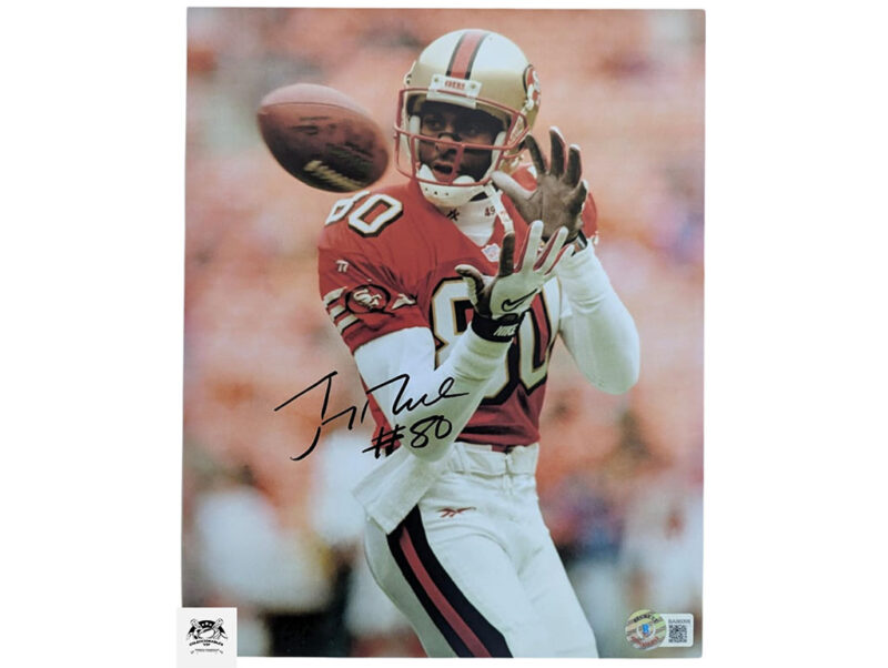 Jerry Rice atrapando Fotografía San Francisco 49ers autografiada firma certificada por Beckett BA86096.