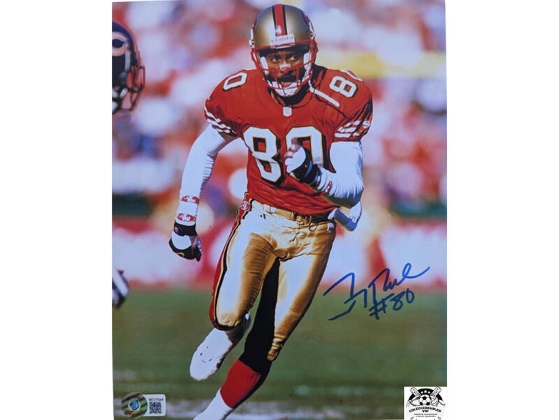 Jerry Rice en jugada Fotografía San Francisco 49ers autografiada firma certificada por Beckett BE37044